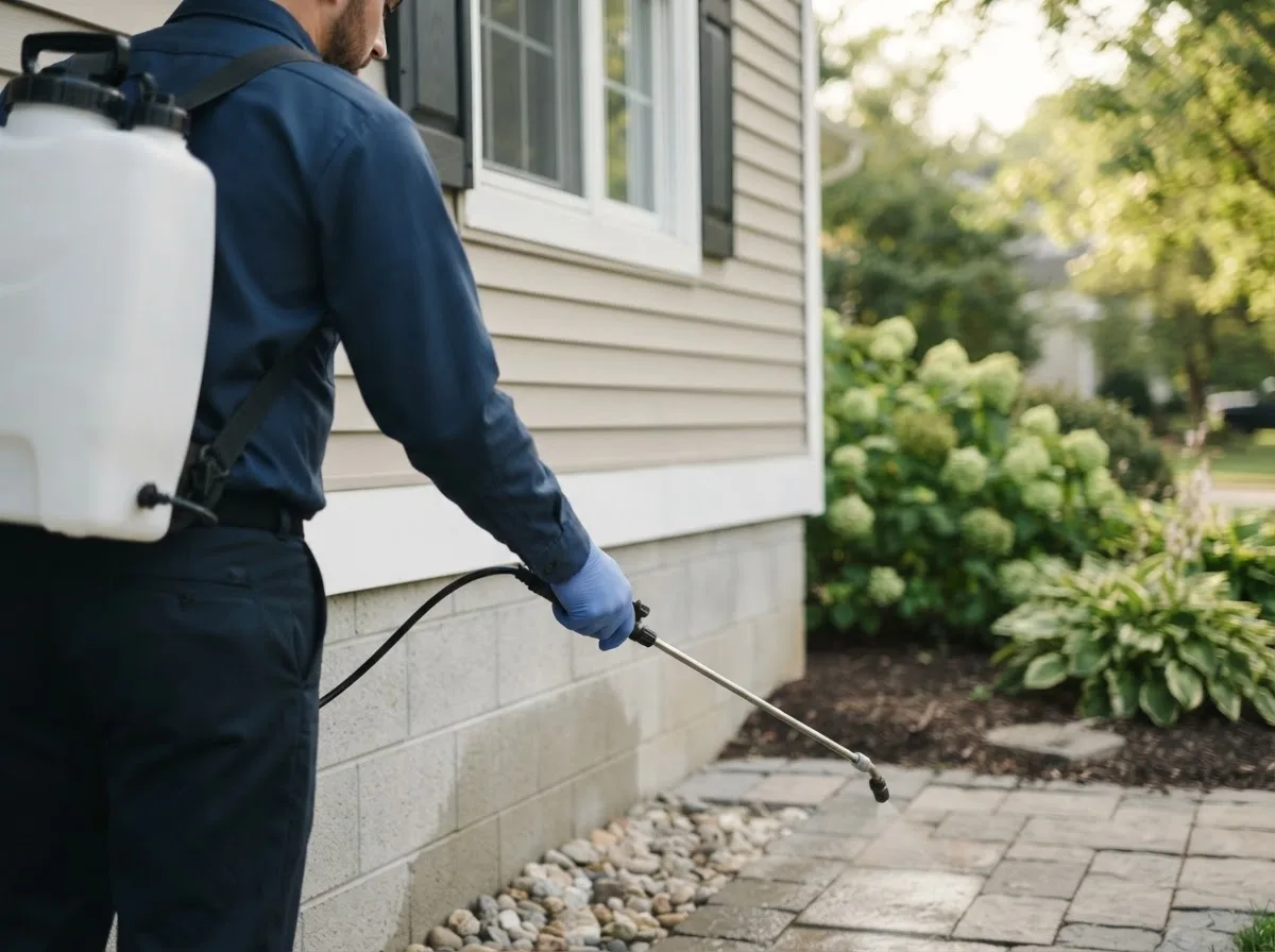 Pest control technician inspecting a home in Kemp, OK